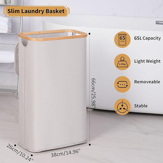 65L Slim Laundry Hamper, Narrow Laundry Basket with Lid,Foldable Clothes Hamper with Bamboo Handles,Hamper Basket with Removable Inner Bag for Laundry Room Bedroom College Dorm,17.17 Gals(Light Grey)