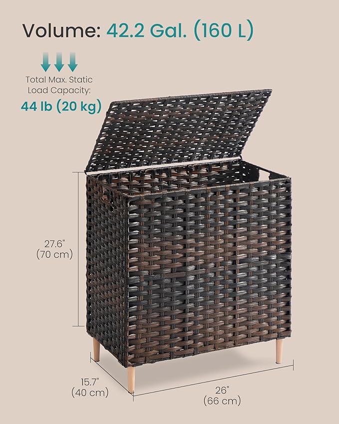 SONGMICS 3-Section Laundry Hamper with Lid, 42.2 Gal (160L) PE Rattan Laundry Basket with Removable Washable Liners, for Bedroom & Living Room, Chestnut Brown ULCB223ME01