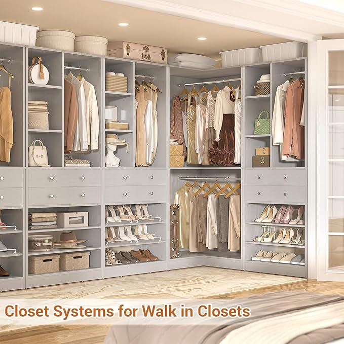 Closet System with 4 Drawers and Hanging Rods, 59.5"L / 87"L Closet Organizer System with Corner Tower, L Shaped Walk-in Closet System, Corner Closet System with Shelves, Set of 3, Morandi Grey