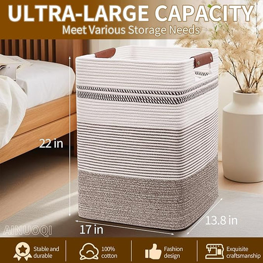 Laundry Hamper - Tall Woven Rope Laundry Basket - Clothes hamper with Leather Handles, 17" X 13.8" X 22", Blanket Storage Basket for Living Room, Rice Brown & White