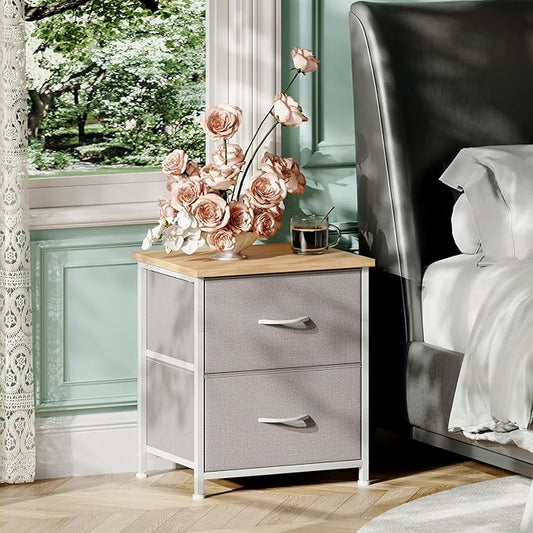 Somdot Nightstand, Small Dresser for Bedroom with 2 Drawers, Bedside Table Night Stand End Table with Fabric Bins for Bedroom Kids Closet Dorm Guest Room, Ash Grey