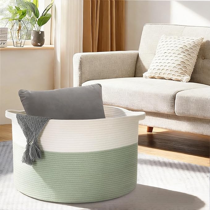 Extra Large Blanket Basket, 22" X 22" X 14" Kids Dog Toy Storage Bin Box, Nursery Baby Toddler Toy Organizer, Soft Cotton Rope Woven Bin, Large Basket for Blankets for Living Room, Green