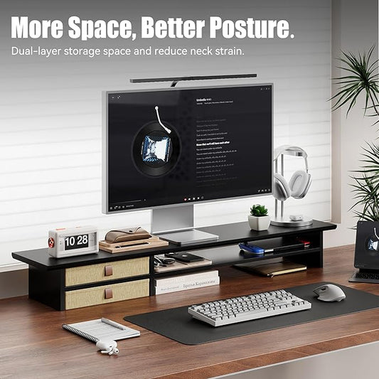 Dual‑Tier Monitor Stand Riser with Drawers, Desktop Organizer Shelf Storage for Computer Screen 2 Monitors, Supports for PC Computer Monitor, Printer, Heavy TV Riser Black