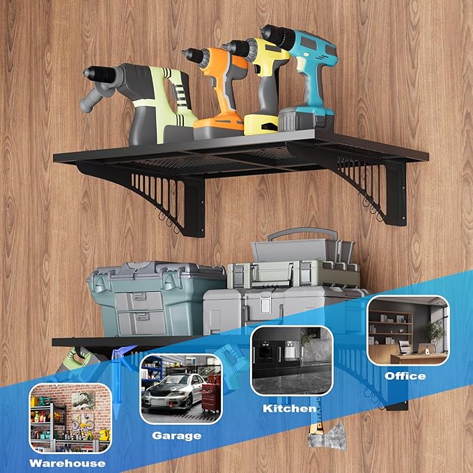 YOLENY 2-Pack 2x3FT Adjustable Garage Wall Shelving, 500lbs Load Capacity Heavy Duty Wall Mount Storage Shelf, Metal Floating Shelves Organizer for Workshop, Garage Storage Rack with Hooks