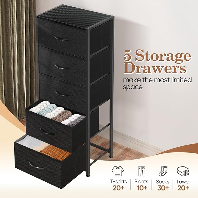 MOOACE 5 Drawer Dresser for Bedroom, Tall Fabric Storage Drawers, Tower Organizer Unit Chest of Drawers with Wooden Top for Closets Living Room Hallway Entryway, Metal Frame, Black