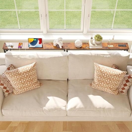 ELYKEN 2 Pack 5.9" Narrow Console Sofa Table with Power Outlets, Total 78.8” Long Behind Couch Table with Charge Station and 5.9’ Extension Cord for Living Room, 5.9"D x 78.8”W x 29.5”H, Rustic Brown
