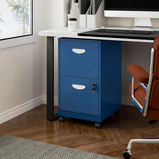 2 Drawer File Cabinet with Lock, Small Rolling Filing Cabinet for Home Office, Metal Mobile File Cabinets on Wheels, Blue Office Cabinets for Letter Size Folders - Assembly Required