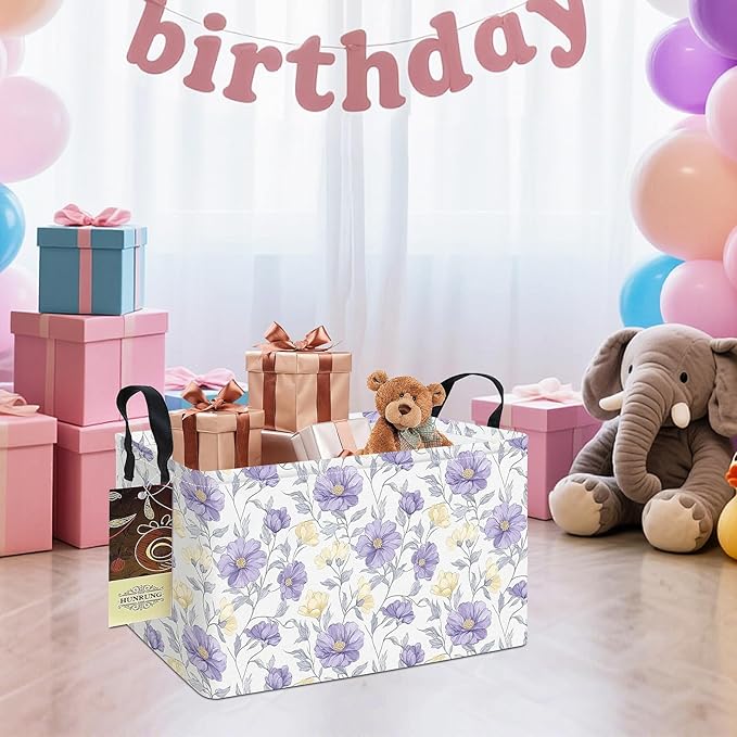 HUNRUNG Rectangle Storage Basket Cute Canvas Organizer Bin for Pet/Children Toys, Books, Clothes Perfect for Rooms(REC-Purple Flowers)