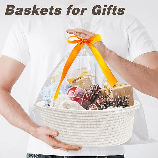 Pro Goleem Small Woven Easter Basket with Gift Bags and Ribbons Durable Burr Baskets for Gifts Empty Small Rope Basket for Storage 12"X 8" X 5" Baby Toy Baskets with Handles, White