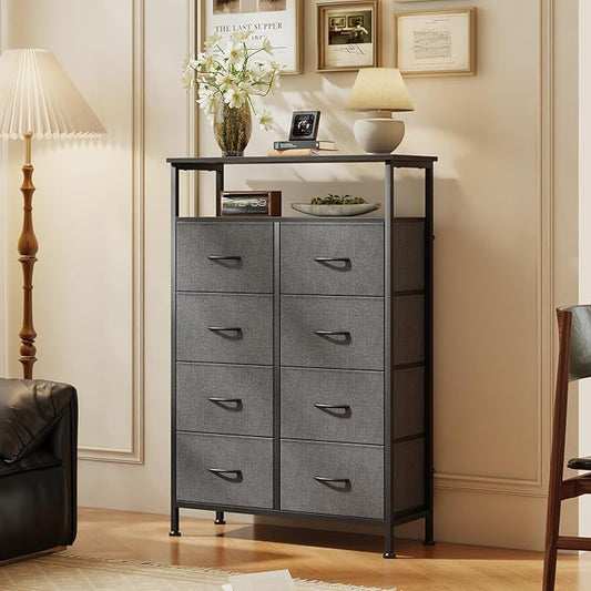 DUMOS TV Stands for Living Room with 8 Drawers, Tall 8-Drawer Chest of Drawers with Raised Shelf, Storage Tower with Fabric Bins for Organization, Hallway Storage, Grey