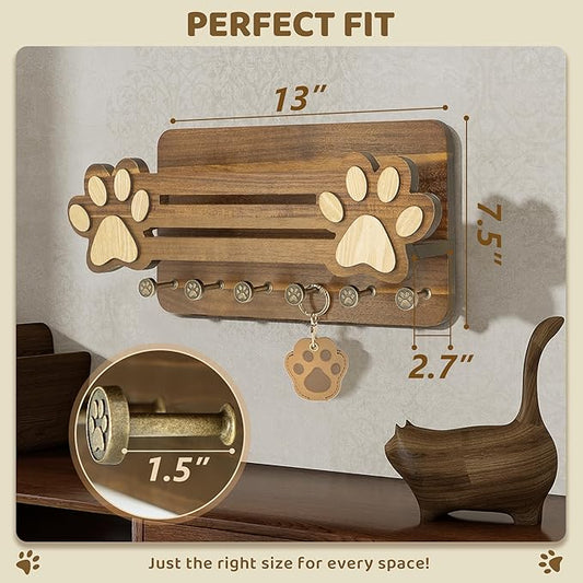 MTERSN Acacia Wood Dog Leash Holder for Wall – Cute Dog Paw Key Holder Wall Mount with Floating Shelf and 6 Hooks, Rustic Mail Organizer for Dog Accessories & Home Decor(Acacia Wood)