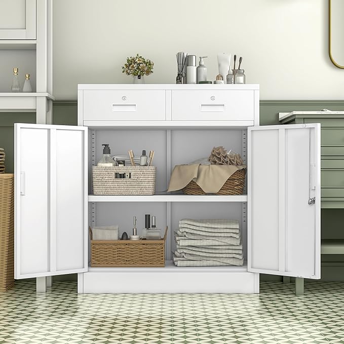Metal Storage Cabinet, Locking Storage Cabinet with Adjustable Shelf, 36" H Metal Cabinets with 2 Drawers for Office, Garage, Home-White