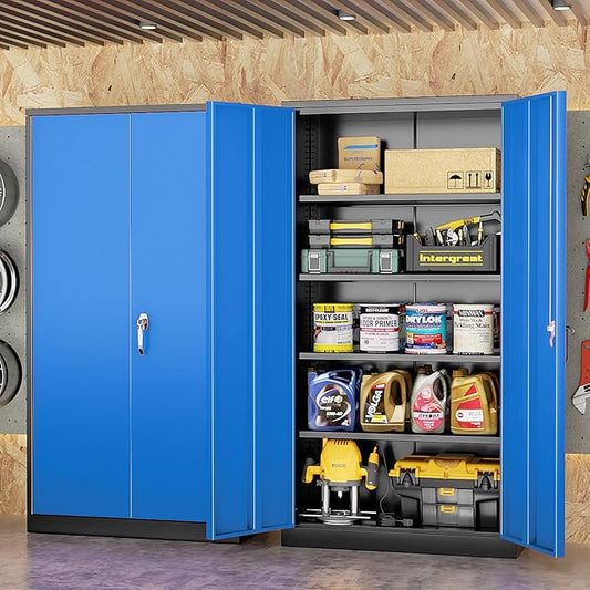 Bonusall Mental Garage Cabinets with 2 Doors and 4 Shelves, Locking Cabinet with for Storage,Steel Garage Storage Cabinets for Home Office, Warehouse,School(Black Blue)