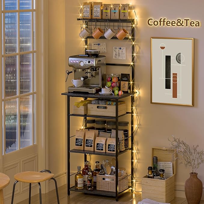 5 Tier Coffee Bar Station, Kitchen Stand with 4 S-Shaped Hooks, Farmhouse Corner Coffee Bar for Small Spaces, Bakers Rack for Kitchen, Entryway, Living Room, 13.43"D x 18.93"W x 53.31"H,Gray
