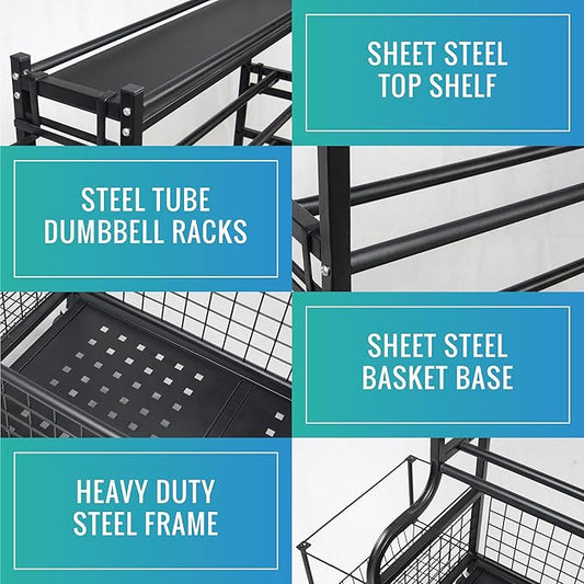 STUFFSTASH Adjustable Dumbbell Rack for Home Gym – Heavy Duty Weight Rack with Kettlebell Shelf, Yoga Mat Holder & Wheels – 700 LB Capacity Gym Equipment Storage Organizer