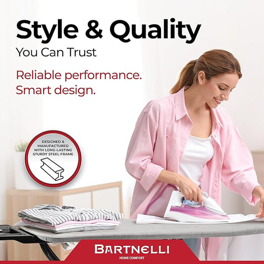 Bartnelli Extreme Stability Ironing Board 43x13 Upgraded Heavy-Duty Metal Frame & Iron Rest, Height Adjustable, Foldable, 4 Non-Skid Feet, 4-Layer Cover & Pad, Made with Patent European Engineering