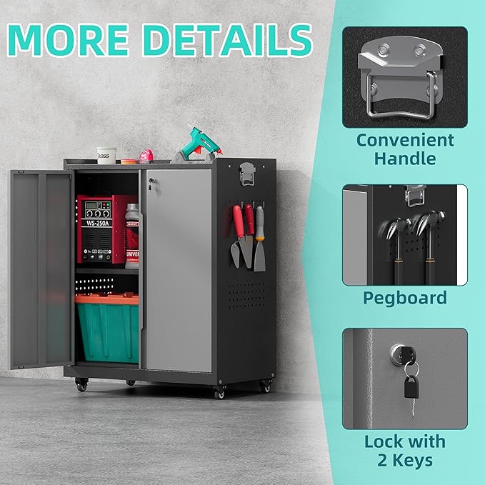 Metal Storage Cabinet with Wheels,34" Rolling Tool Cabinets with Lock&Adjustable Shelves,Locking Utility Cabinet with 1 Door for Garage, Warehouse (Black Grey)