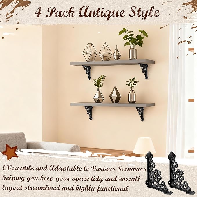 Blulu 4 Pack Antique Style Cast Iron Shelf Brackets Decorative Brackets 3 7/8" x 3 7/8" Wall Mount Shelving Bracket Heavy Duty Victorian Style Shelf(Black)