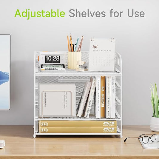 2 Pack 5 Tier Paper Organizer, Letter Tray with Handle, Mesh Desk Organizer, Metal File Organizer, Office Desk Accessories for Home, Office, Classroom, School -White