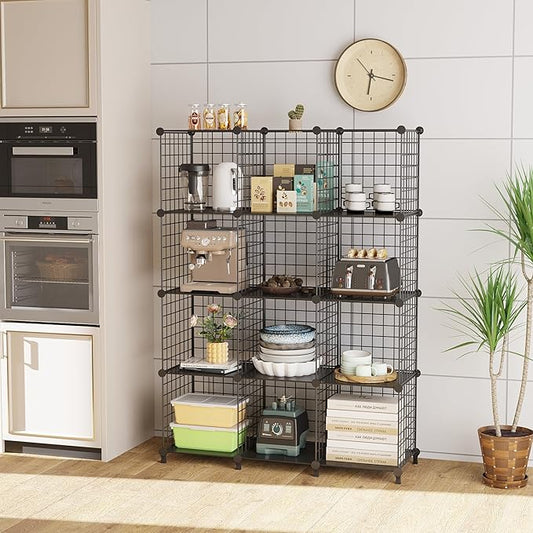 12-Cube Storage Organizer, Metal Wire Cube Shelving Unit, 11.8" L x 11.8" W x 11.8" H, Modular Grid Bookshelf for Closet, Bedroom, Office, Black ATTJL12B