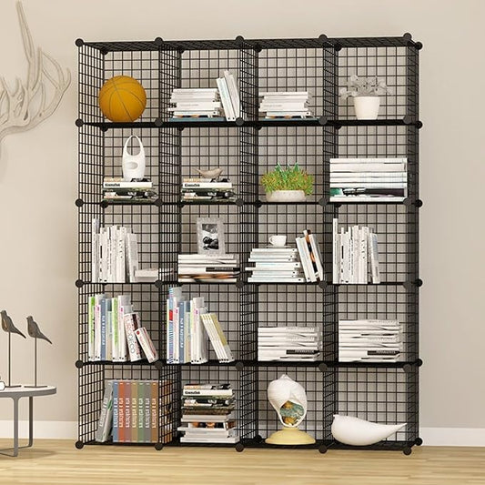 UNICOO - 14 * 14 inch Big Cube Multi Use DIY 20 Cube Wire Grid Organizer, Wardrobe Organizer, Bookcase, Storage - Black Wire