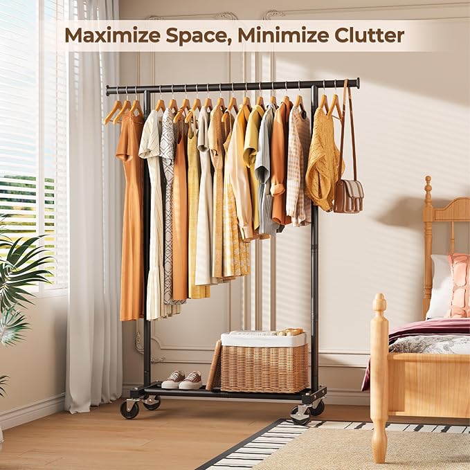 Clothes Rack, Clothing Rack for Hanging Clothes, Rolling Garment Rack Sturdy Coat Rack Portable Wardrobe Rack Metal Closet Rack for Bedroom Laundry Living Room, Black