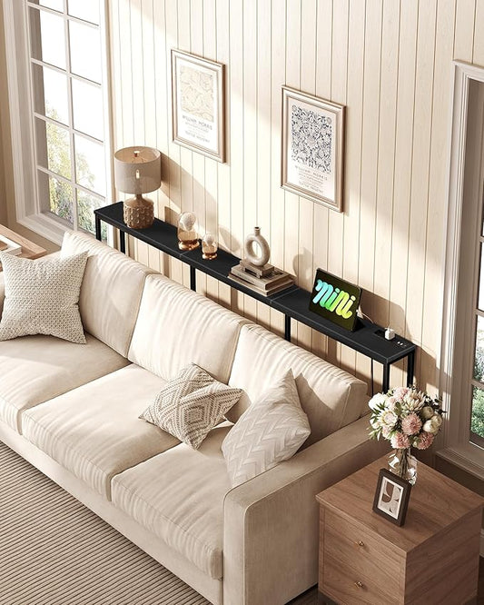 78.7" Narrow Console Table with Power Outlet 7.1" Skinny Sofa Long Behind Couch Table with Charging Station for Hallway, Living Room Black TXG20UBB