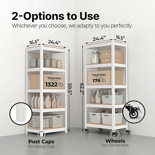 HOMEDANT House 5 Tier Heavy Duty Garage Shelving Adjustable Metal Rack Storage Shelves Standing Shelf Unit Organizers Pantry Closet Office (2, White, (Wheels) 24.4" W x 16.2" D)