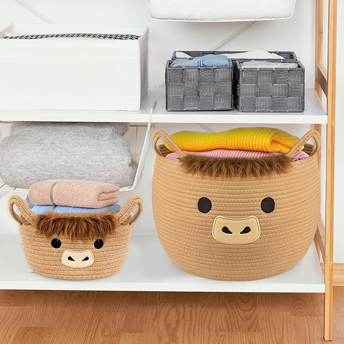 Highland Cute Cow Basket Set for Nursery, Woven Storage Cotton Rope Basket, Baby Blanket 0rganizer with Ears Handles, Blanket Towel Decor Toy Clothes Gifts Storage Cat Dog Bin, Pack of 2