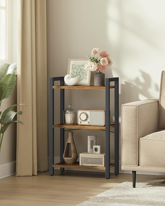 VASAGLE 3-Tier Bookshelf, Bookcase with Steel Frame, Book Shelf for Living Room, Home Office, Study, 9.4 x 15.7 x 30.1 Inches, Industrial Style, Rustic Brown and Ink Black ULLS098K02