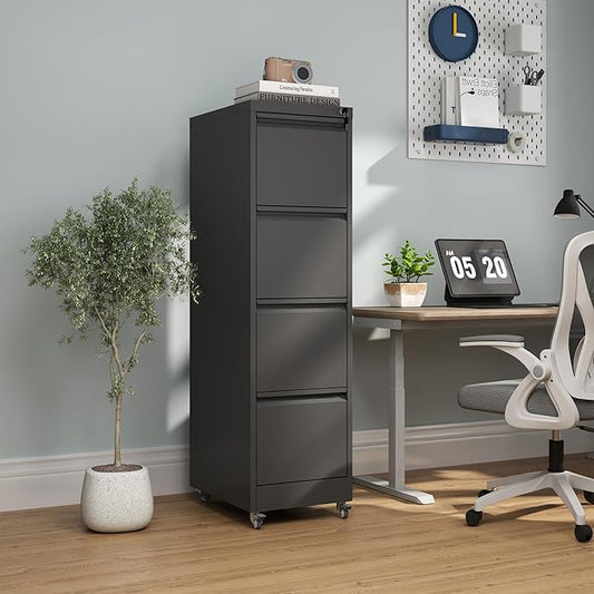 4 Drawer Mobile File Cabinet with Lock,Black Metal Locking Filing Cabinets,Vertical File Cabinet for Home Office,Rolling Storage Cabinet for A4/Letter/Legal Size File,Assembly Required