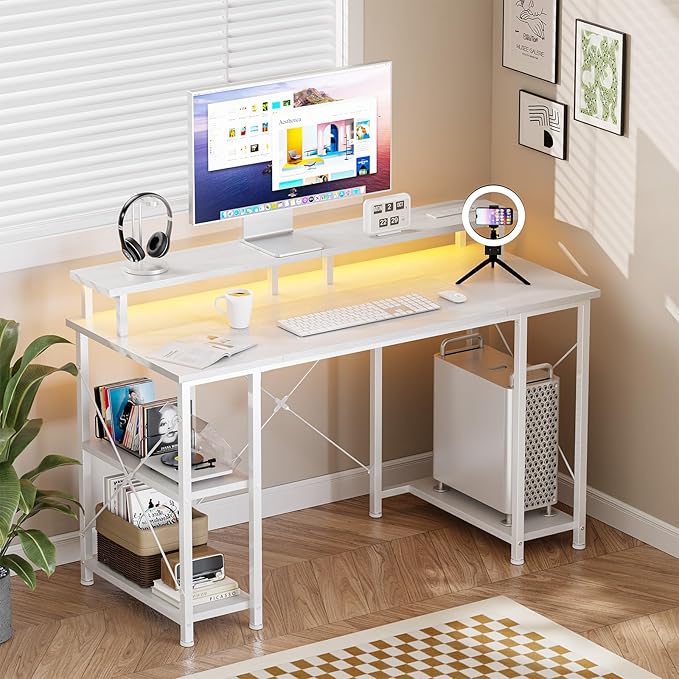 DUMOS Gaming Desk Computer Office Desks with LED Lights Power Outlets, Monitor Stand Storage Shelves, Ergonomic White Office Table for Home Gaming Station 48 Inch White