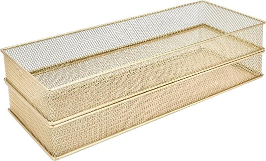 Annova Mesh Stackable Drawer Cabinet and Shelf Organizer Bins Storage Basket School Office Supply Holder Tray- Set of 2 (Gold, 6x15x2 Inch)