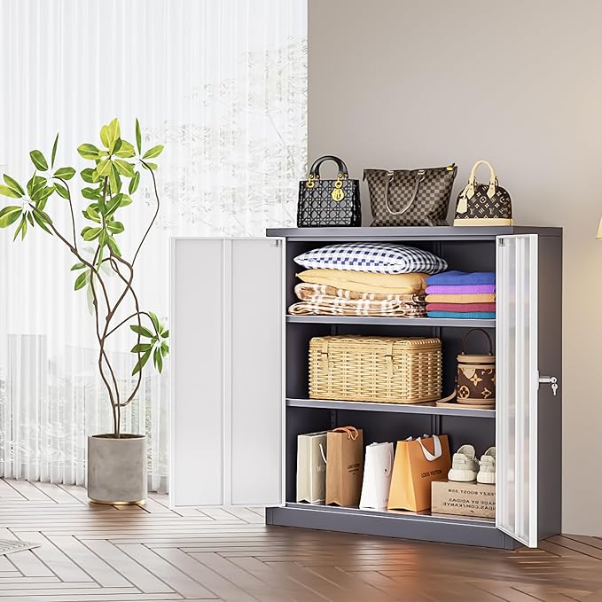 Bonusall Metal Garage Storage Cabinet, 36" H Locking Cabinets with 2 Adjustable Shelves, 2 Door Small Pantry Storage for Home Office, Kitchen, Bathroom (White Grey)