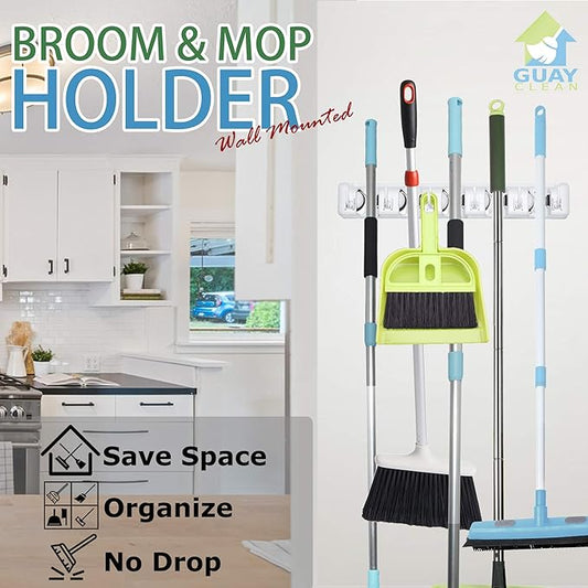 Guay Clean Broom and Mop Holder - Garden Tool Organizer - Home Storage Utility Rack- Strong Grip Hangers with Foldable Hooks - Heavy Duty Wall Mounted Shelf System - Fixed