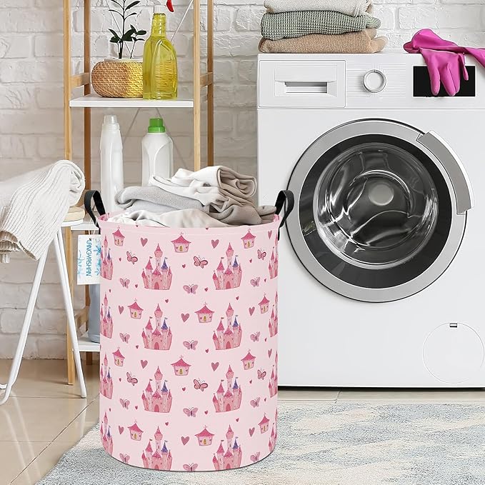 LANGYASHAN Laundry Basket Canvas Fabric Collapsible Organizer Basket for Storage Bin Toy Bins Gift Baskets Bedroom Clothes Children Nursery Hamper (Pink Castle)