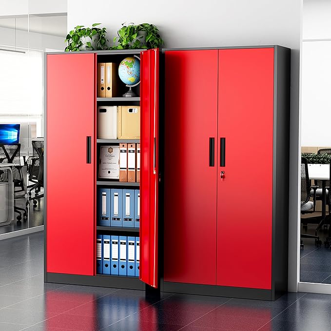 Greenvelly Metal Storage Cabinet with Doors and Shelves, 72" Inch Locking Metal Cabinet,Garage Storage Cabinet for Garage Office School Warehouse (Black Red)