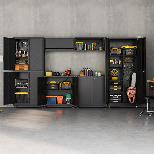 Metal Garage Storage Cabinet with Wheels, Locking Broom Closet Storage Cabinet with Adjustable Shelves, 71" H Tool Cabinet for Utility Room, Workshop, Warehouse