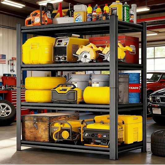 48" W x 24" D Garage Shelving Heavy Duty Unit, 4-Tier Adjustable Metal Storage Shelves, 2400 lbs Industrial Shelf Stand Organizer for Garage, Basement, Warehouse, Pantry, Kitchen, Black, 63" H