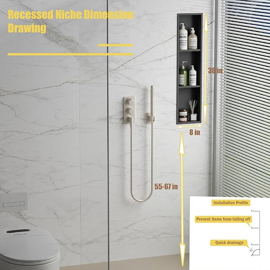 Tall Niche Three-Tiered Shelves Embedded in The Wall,Shower Niche No Tile Needed for Bathroom Niche Decor ,Stainless Steel(Black 8"x 36")