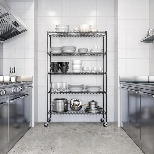 Seville Classics UltraDurable Heavy Duty NSF Solid Steel Wire Rack Storage Unit, Organizer for Garage, Warehouse, Office, Restaurant, Classroom, Kitchen, Black, 5-Tier Shelving, 48" W x 18" D