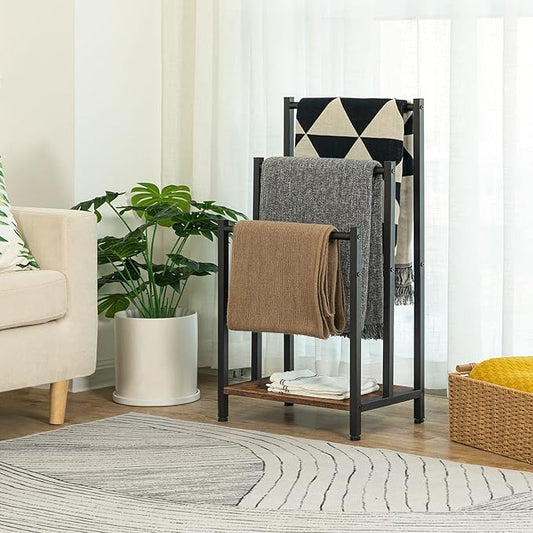 HOOBRO Free Standing Towel Rack, 3 Tier Blanket Rack, Blanket Holder for Bathroom, 16.9" L x 11" W x 31.9" H, Industrial Metal Drying and Display Rack with Shelf, Rustic Brown and Black BF03LB01