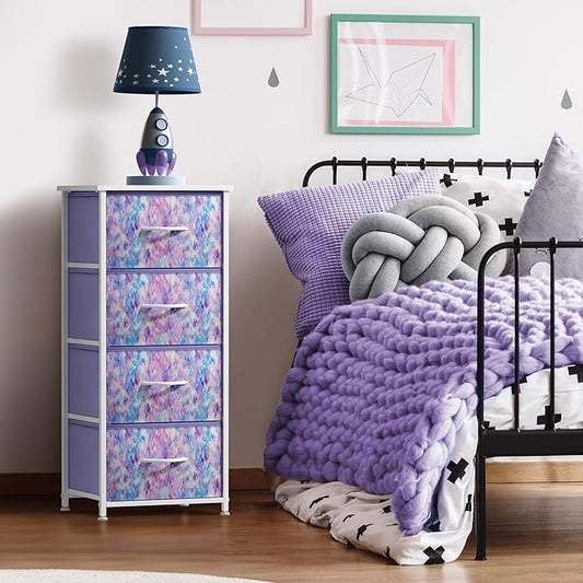 Sorbus Dresser Storage Tower, Organizer Drawers For Closet Boys & Girls Bedroom Bedside Furniture, Chest for Home, College Dorm, Steel Frame, Wood Top, Tie-dye Fabric Bins (4-Drawer, Blue/Pink/Purple)