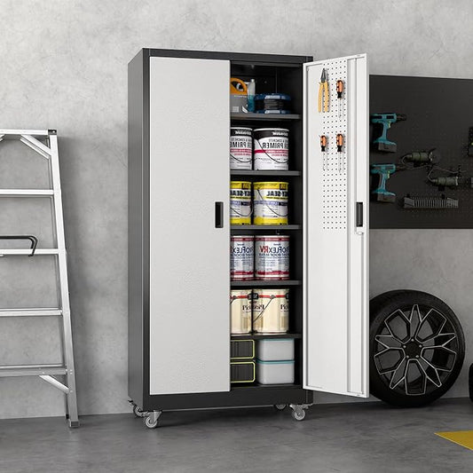 71" H x 34" W x 18" D Garage Storage Cabinet with Wheels and Pegboard, Lockable Metal Storage Cabinet with 5 Adjustable Shelves and 4 Hooks for Garage,Warehouse, Home, Black and Silvery