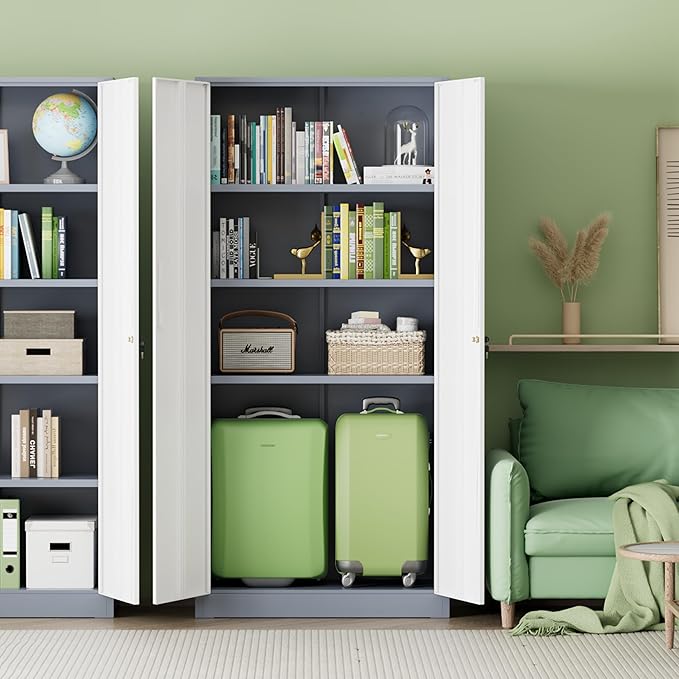 INTERGREAT Metal Storage Cabinet with Lock, 63" H Metal Cabinets Storage with 2 Doors and 4 Adjustable Shelves, Locking Garage Cabinet for Home Office, Kitchen, Bathroom (White Grey)