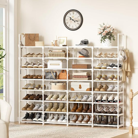 WOWLIVE Extra Large Shoe Rack, 4 Rows 8 Tier 56-64 Pairs Big Tall Metal Shoe Organizer, Stackable, Large Capacity Boot Rack Storage Organizer for Entryway, Closet, Garage, White
