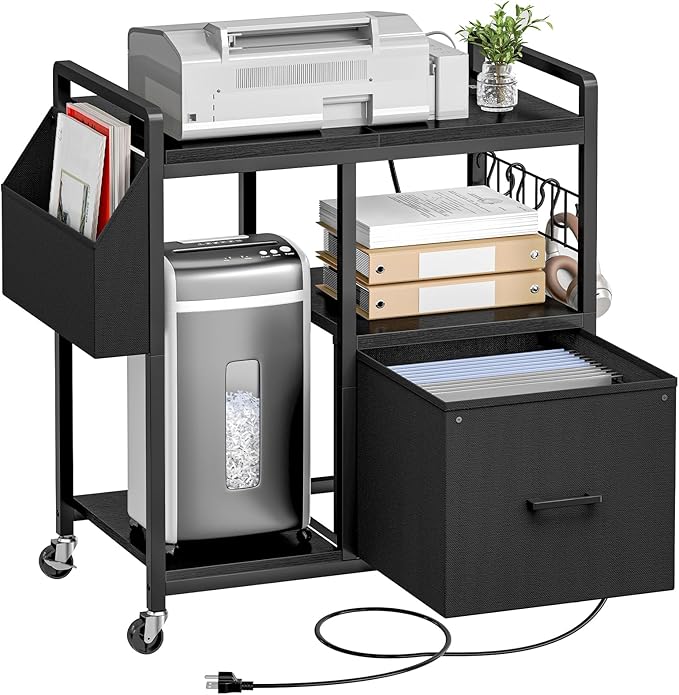 HOOBRO Printer Stand with Charging Station, Printer Shredder Stand with Wheels and File Drawer, Industrial Printer Cart, Mobile Table with Fabric Storage Pouch, for Home Office, Black BB09UPS01