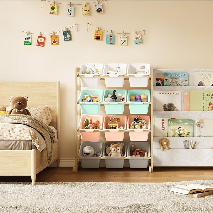 Toy Storage Organizer with Bookshelf - 12 Storage Bins 4-Tier Multipurpose Shelf to Organize Toys and Books for Kids Room, Playroom, Nursery Room, Multi-Color
