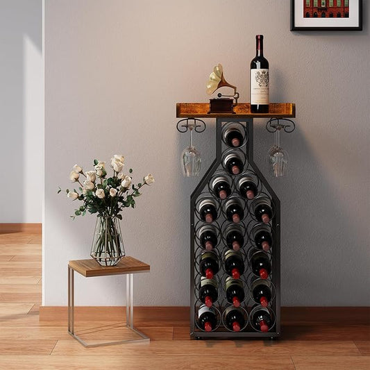 X-cosrack Wine Rack Freestanding Floor, Wine Storage Rack Mini Bar Table with Tabletop, Glass Holder Wine Bottle Display Stand Liquor Cabinet for Home Bar Kitchen Living Room