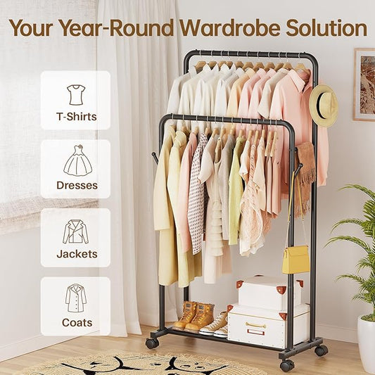 Delamu Clothes Rack, Double Rods Clothing Rack for Hanging Clothes, Metal Garment Rack with Rolling Wheels, Portable Wardrobe Closet Rack for Coat, Bedroom, Laundry, Black
